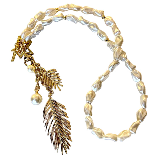 Handmade Gold Plated Leaf Feather Long Pearl Necklace, Baroque Pearl Pendant Necklace with Star and Leaf Charms, Handmade In Turkey - Glam Duchess