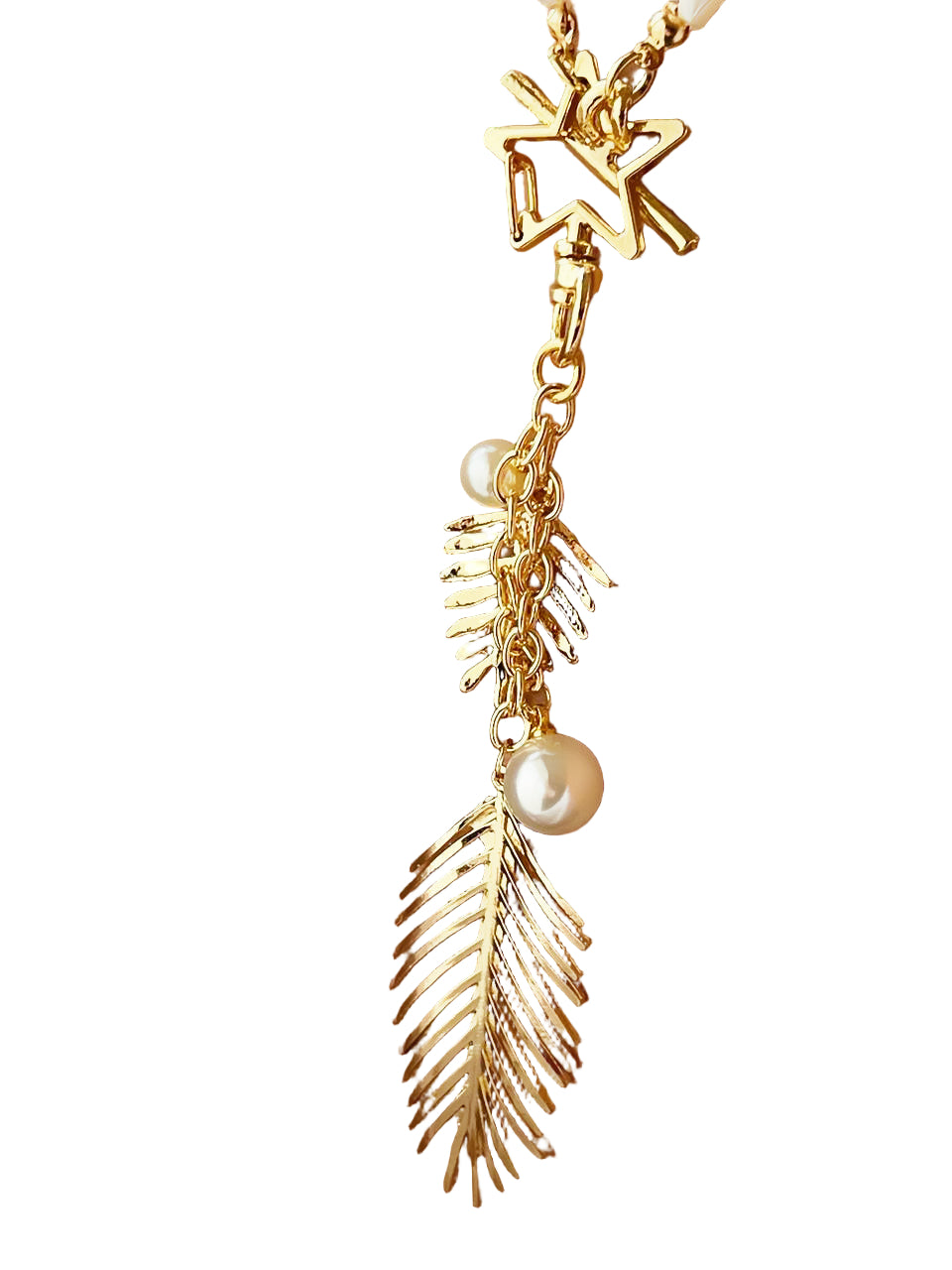 Handmade Gold Plated Leaf Feather Long Pearl Necklace, Baroque Pearl Pendant Necklace with Star and Leaf Charms, Handmade In Turkey - Glam Duchess