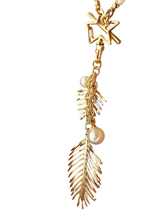 Handmade Gold Plated Leaf Feather Long Pearl Necklace, Baroque Pearl Pendant Necklace with Star and Leaf Charms, Handmade In Turkey - Glam Duchess