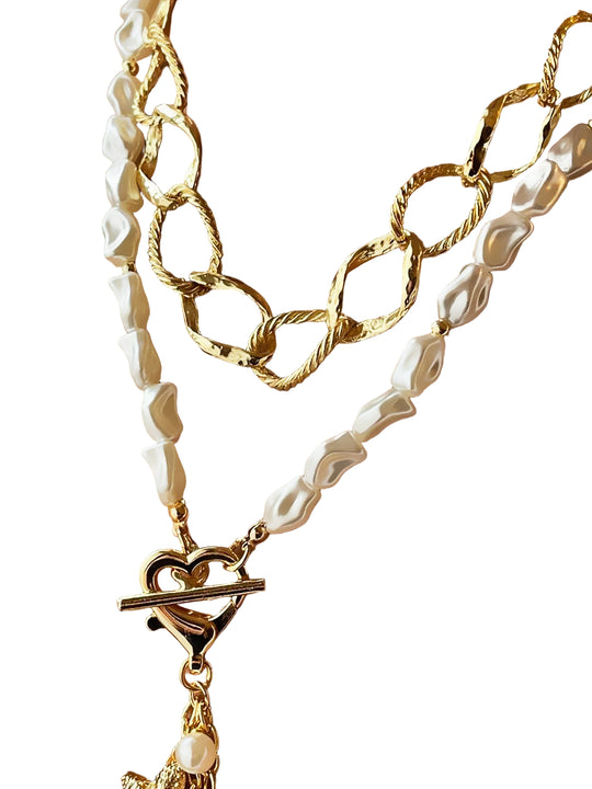 Elegant Gold Plated Pearl Long Layered Statement Necklace with Leaf Pendant - Glam Duchess