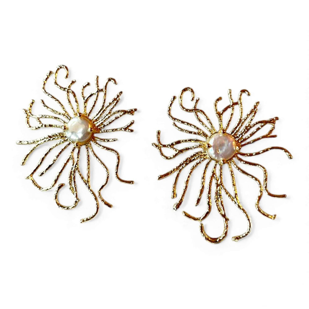 18K Gold Plated Organic Sunburst Earrings with Baroque Pearl - 5.5cm