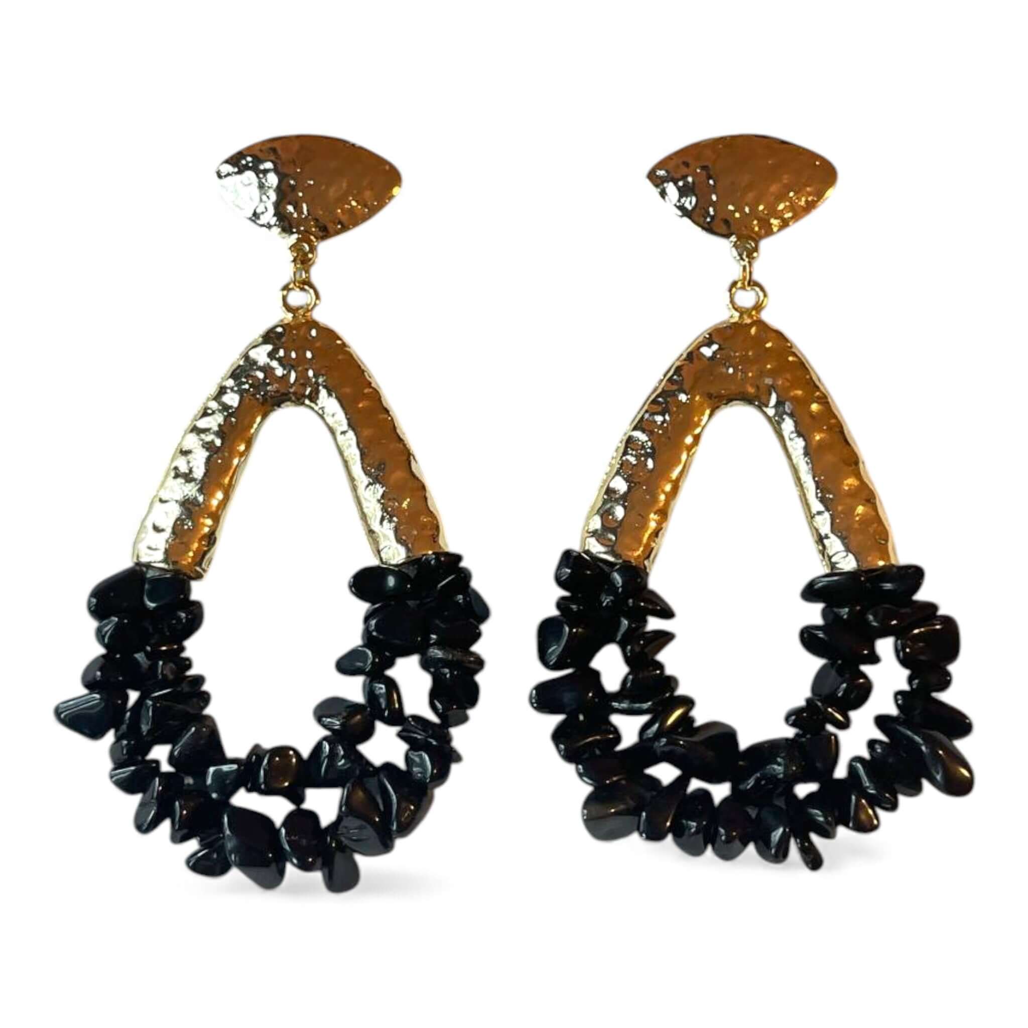 Gold Plated Hammered Chunky Statement Earrings with Black Chips, 9 cm