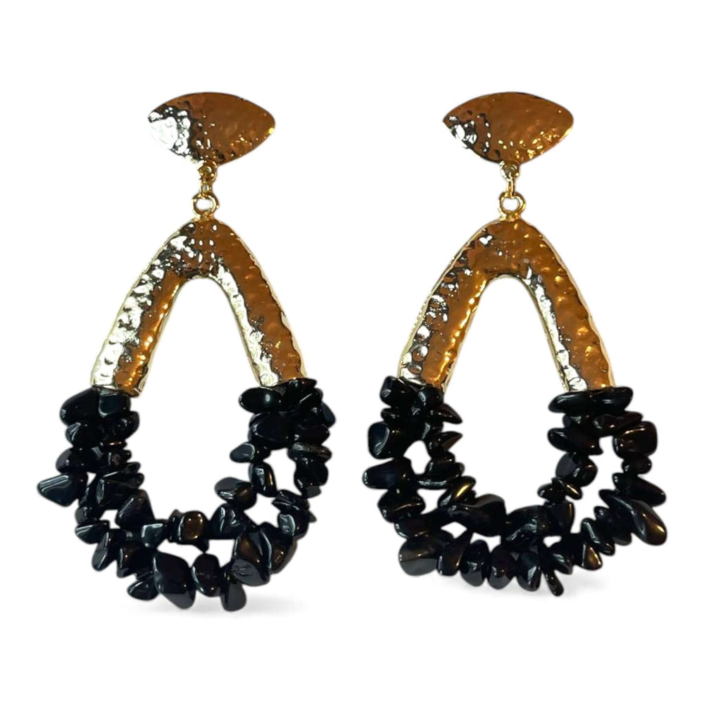 Gold Plated Hammered Chunky Statement Earrings with Black Chips, 9 cm
