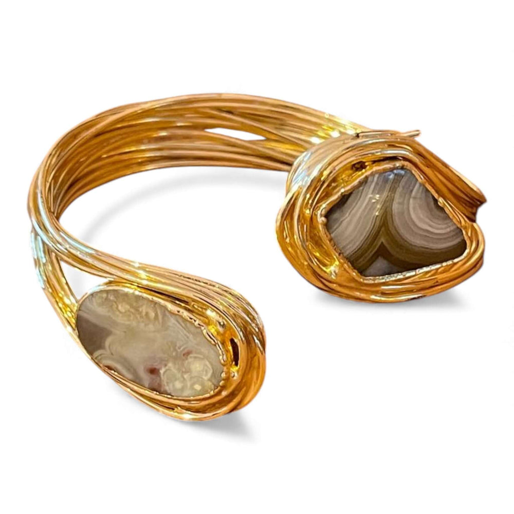 18k Gold Plated Natural Agate Wire Cuff Bracelet | Statement Open Bangle