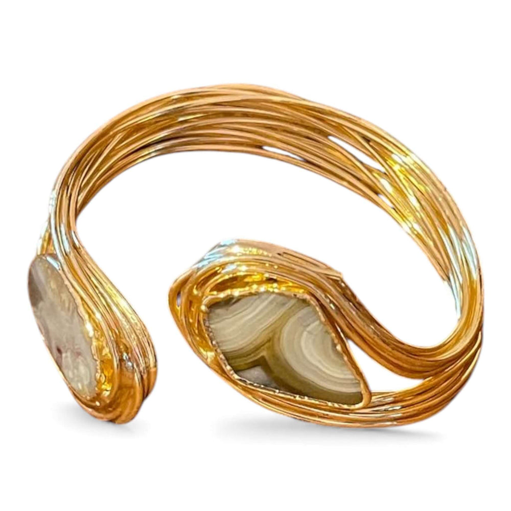 18k Gold Plated Natural Agate Wire Cuff Bracelet | Statement Open Bangle