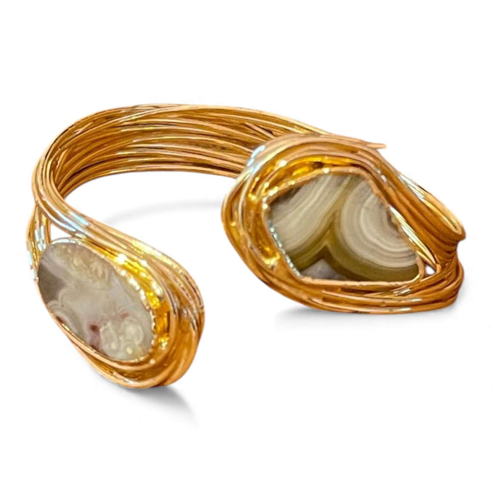 18k Gold Plated Natural Agate Wire Cuff Bracelet | Statement Open Bangle