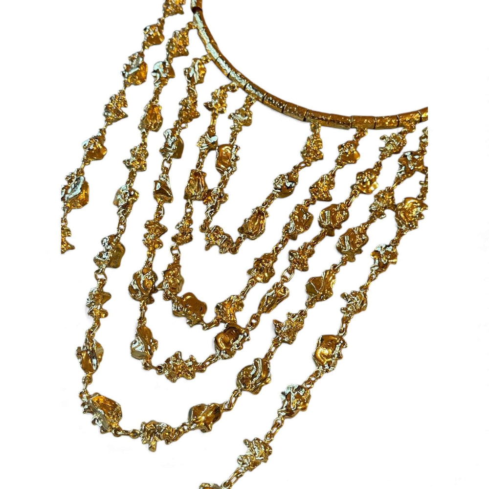 18k Gold Plated Organic Nugget Tiered Bib Necklace, Multi-Strand Statement Collar