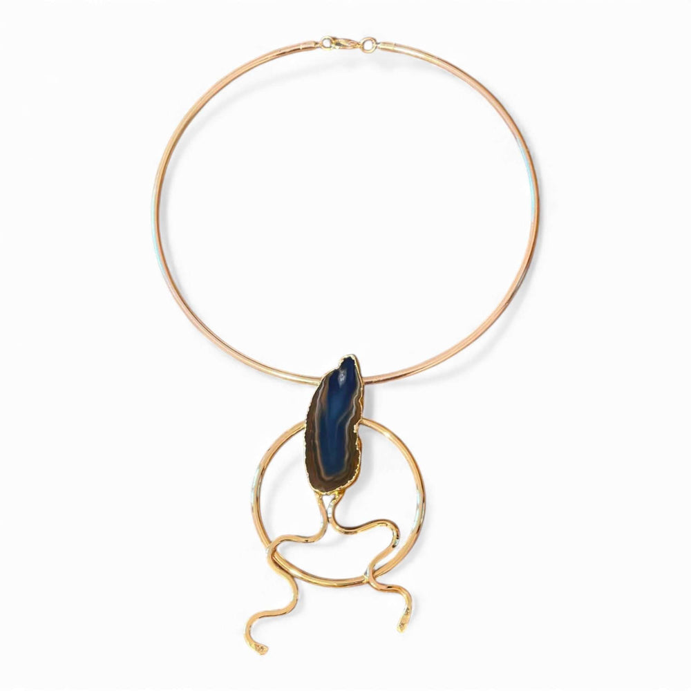 18k Gold Plated Sculptural Choker - Abstract Art Statement Necklace with Natural Stone