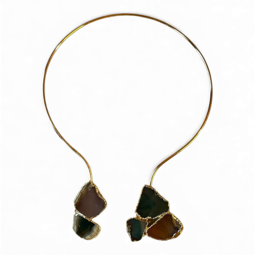 18k Gold Plated Raw Agate Sliced Choker – Handcrafted Open Torque Necklace
