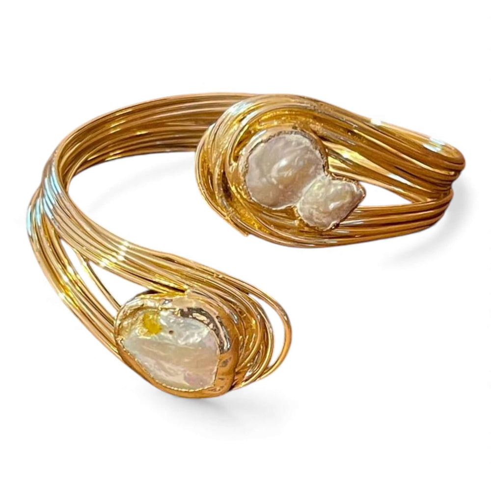 18K Gold Plated Baroque Pearl Wire Cuff Bracelet | Sculptural Open Bangle