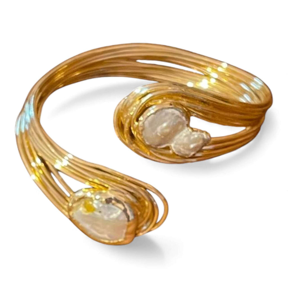 18K Gold Plated Baroque Pearl Wire Cuff Bracelet | Sculptural Open Bangle