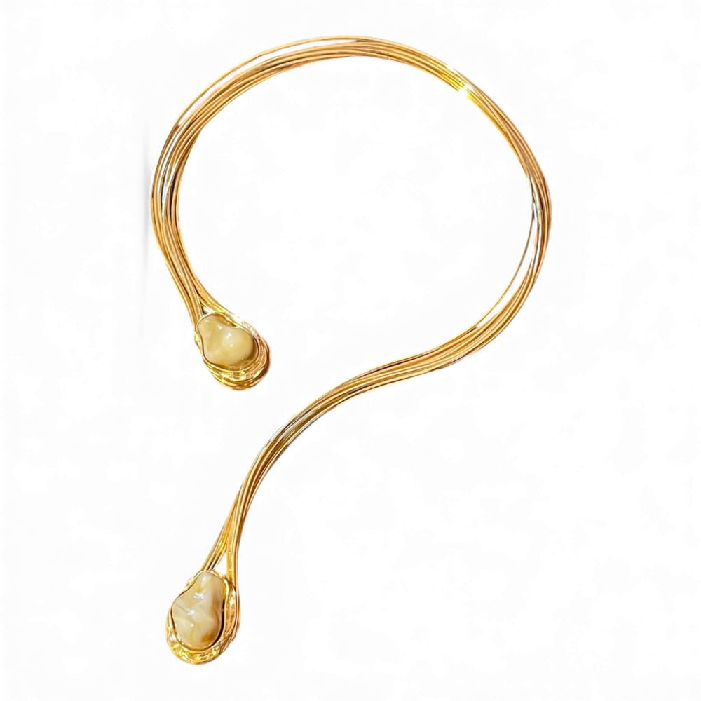 18k Gold Plated Multi-Strand Open Choker & Cuff Bracelet Set with Resin Stone