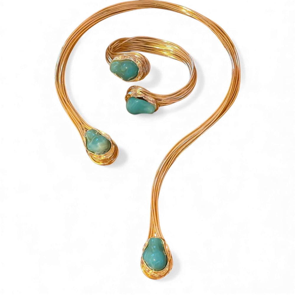 18K Gold Plated Sculptural Open Choker and Cuff Bracelet Set