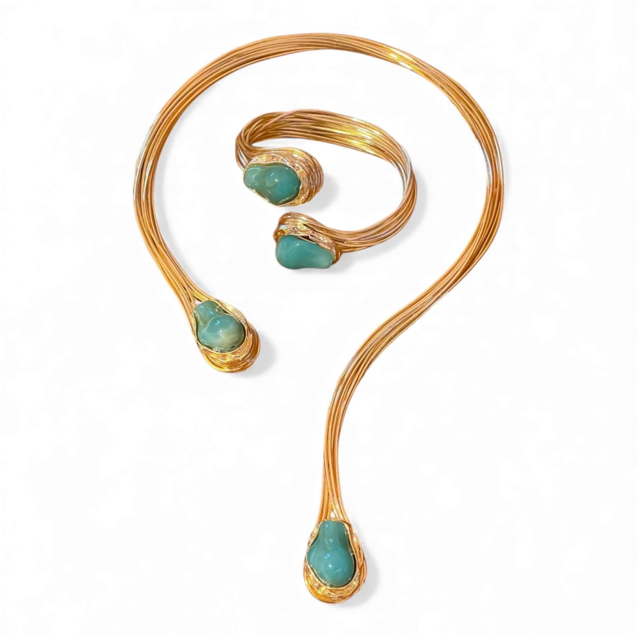 18K Gold Plated Sculptural Open Choker and Cuff Bracelet Set