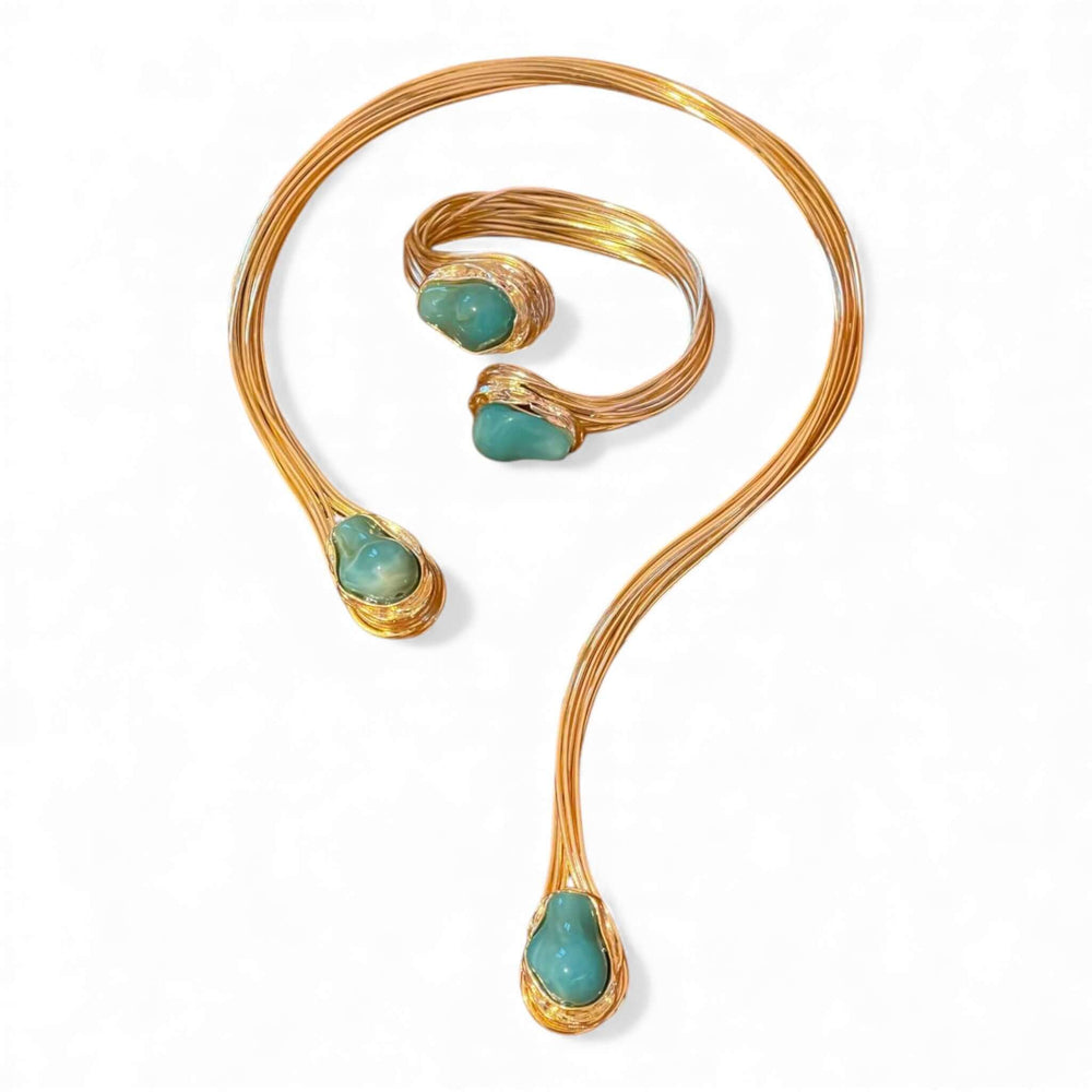 18K Gold Plated Sculptural Open Choker and Cuff Bracelet Set