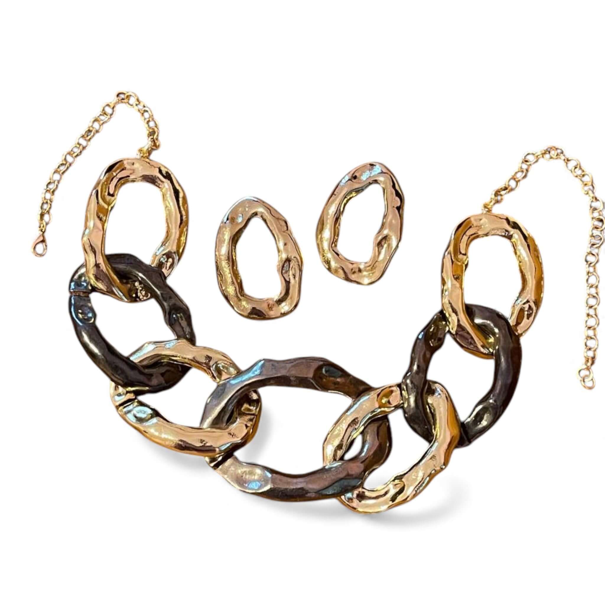 18k Gold Plated Two-Tone Chunky Chain Necklace & Earring Set - Bold Hammered Link Statement Jewelry