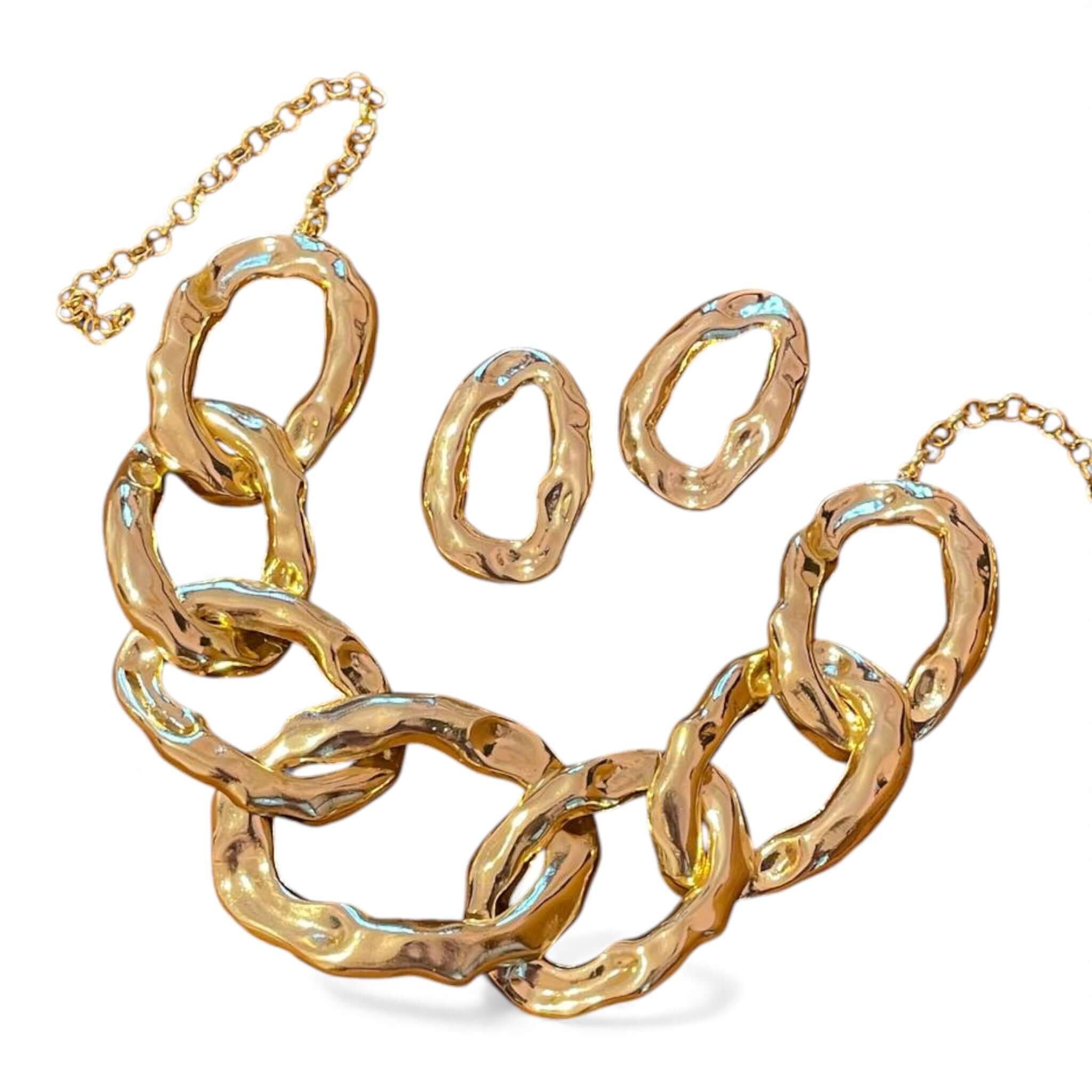 18k Gold Plated Two-Tone Chunky Chain Necklace & Earring Set - Bold Hammered Link Statement Jewelry