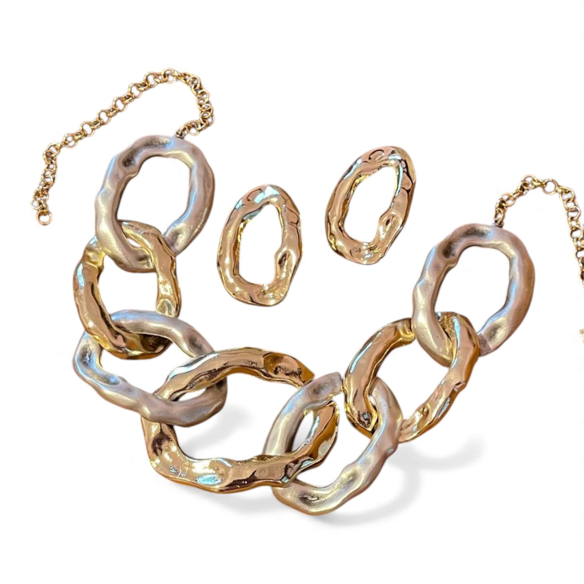 18k Gold Plated Two-Tone Chunky Chain Necklace & Earring Set - Bold Hammered Link Statement Jewelry