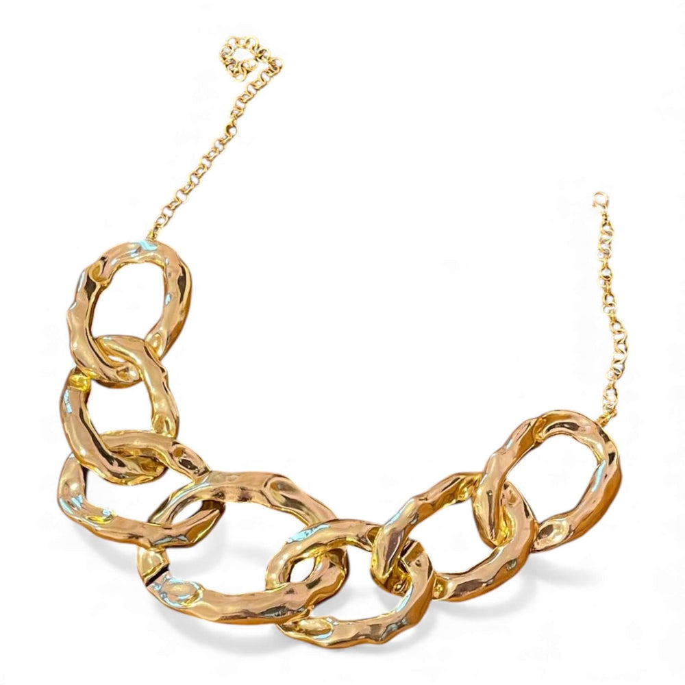 18k Gold Plated Two-Tone Chunky Chain Necklace & Earring Set - Bold Hammered Link Statement Jewelry