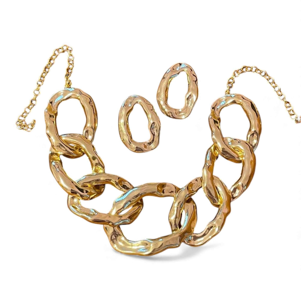 18k Gold Plated Two-Tone Chunky Chain Necklace & Earring Set - Bold Hammered Link Statement Jewelry