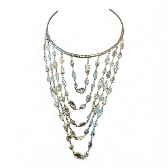 Silver Organic Nugget Tiered Bib Necklace - Multi-Strand Liquid Metal Statement Collar