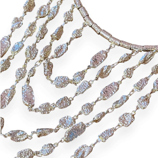 Silver Organic Nugget Tiered Bib Necklace - Multi-Strand Liquid Metal Statement Collar