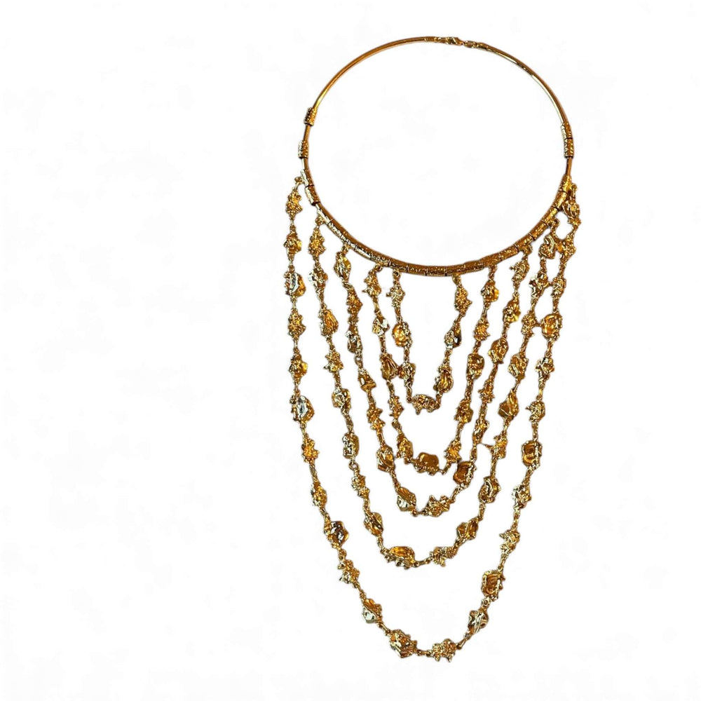 18k Gold Plated Organic Nugget Tiered Bib Necklace, Multi-Strand Statement Collar