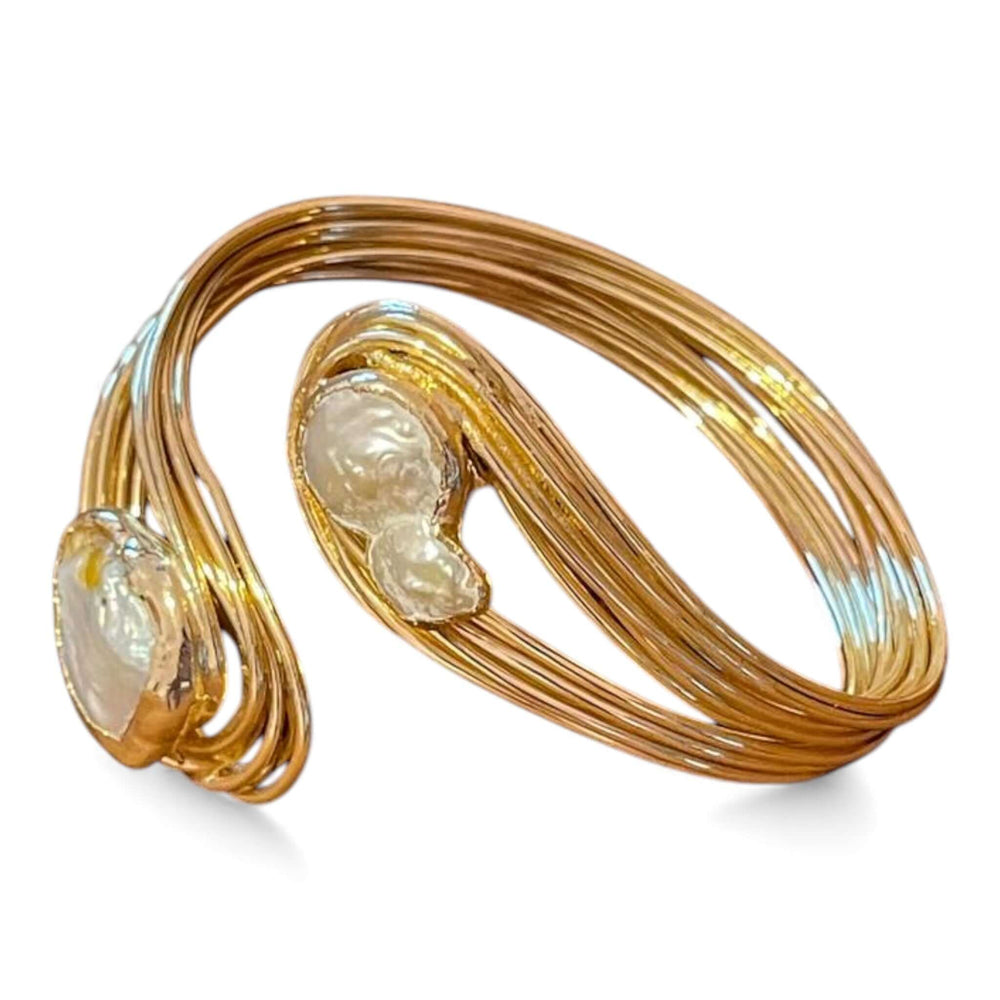 18K Gold Plated Baroque Pearl Wire Cuff Bracelet | Sculptural Open Bangle