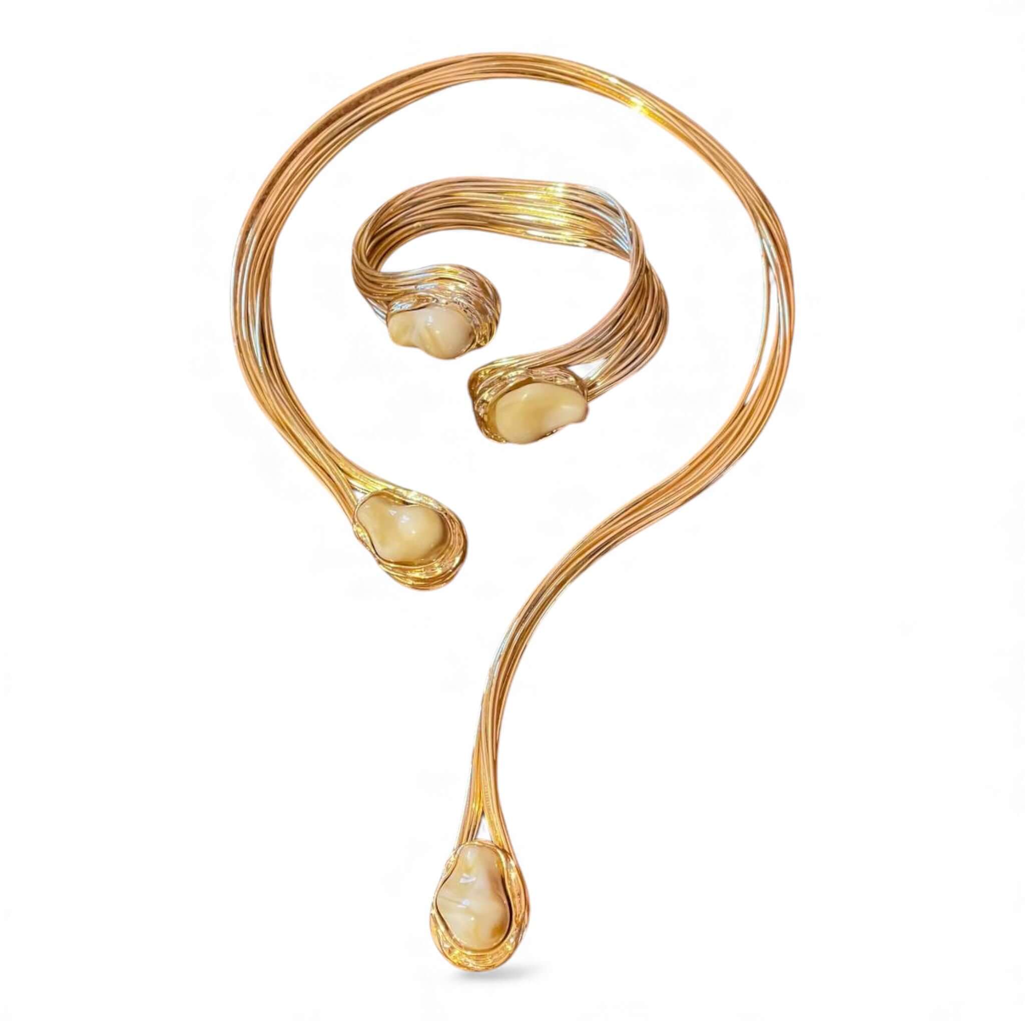 18k Gold Plated Multi-Strand Open Choker & Cuff Bracelet Set with Resin Stone