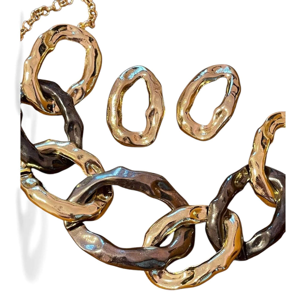 18k Gold Plated Two-Tone Chunky Chain Necklace & Earring Set - Bold Hammered Link Statement Jewelry