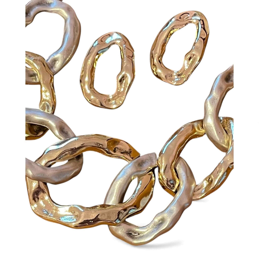 18k Gold Plated Two-Tone Chunky Chain Necklace & Earring Set - Bold Hammered Link Statement Jewelry