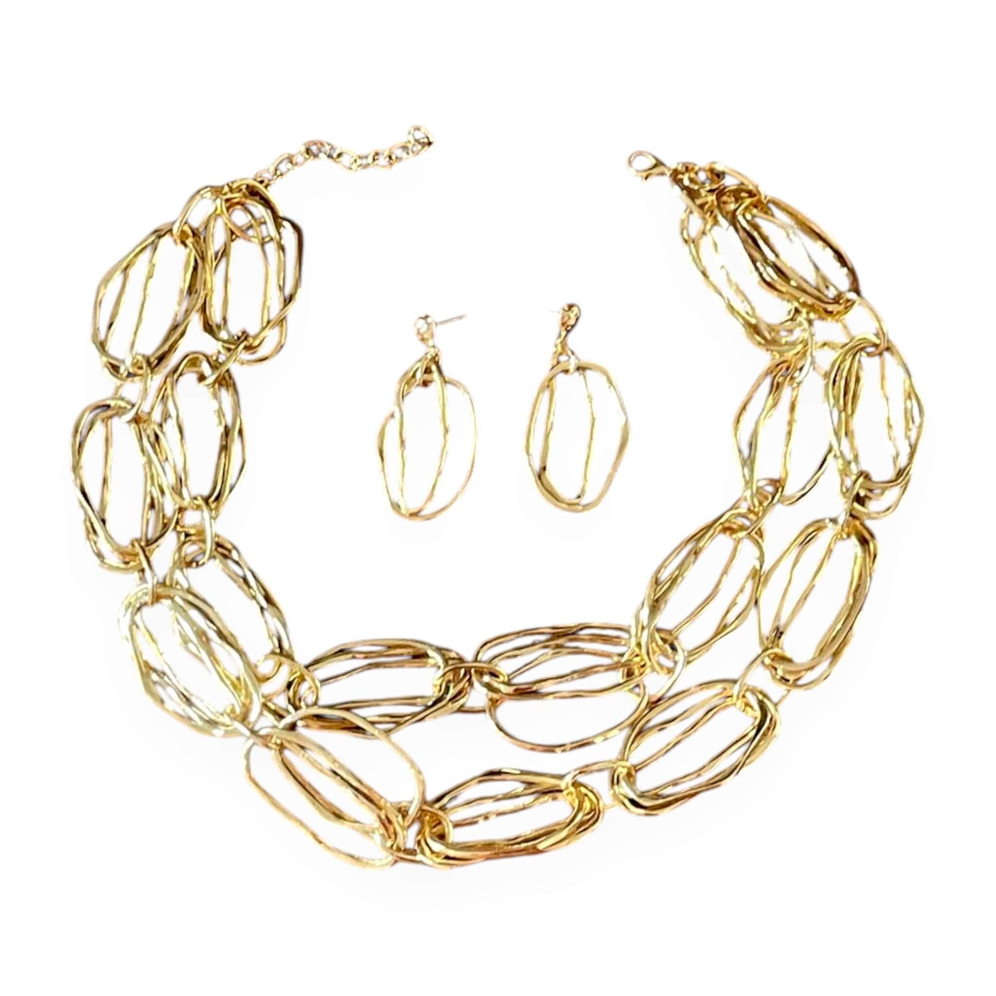 18k Gold Plated Textured Oval Link Layered Necklace & Earrings Set