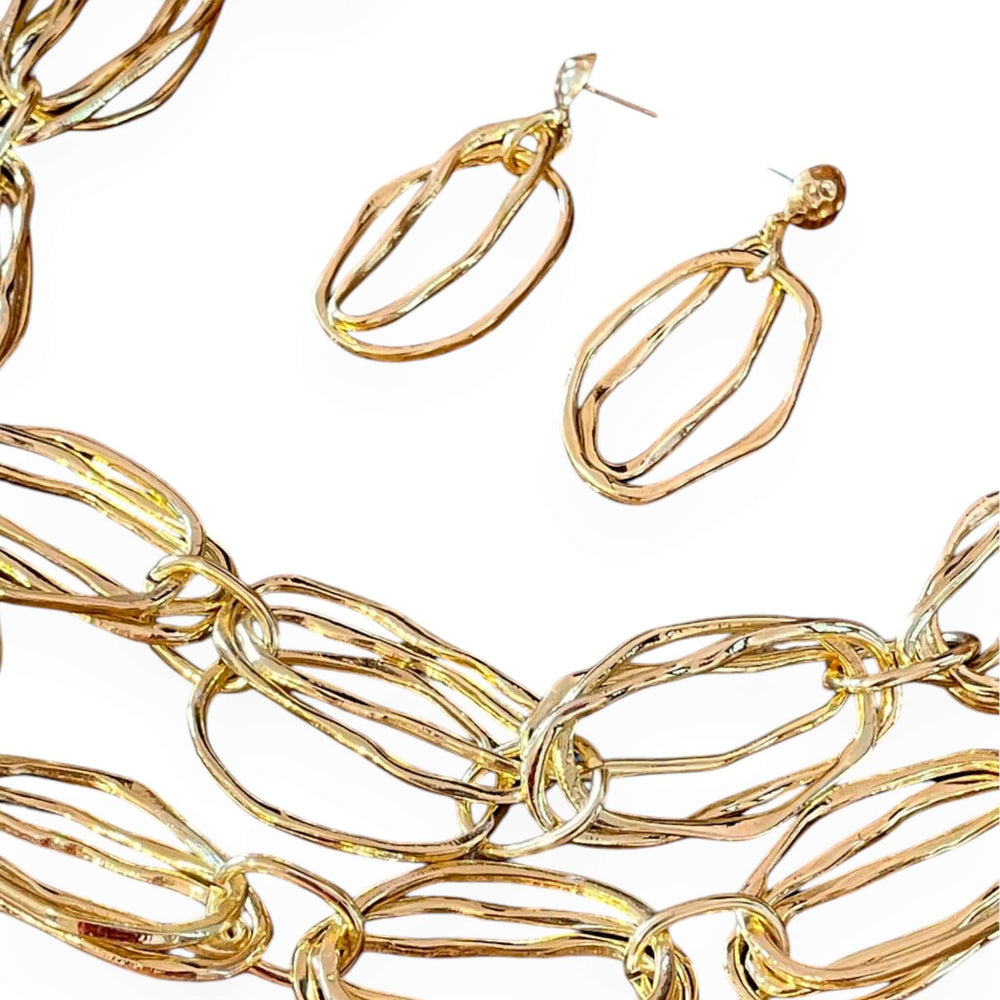 18k Gold Plated Textured Oval Link Layered Necklace & Earrings Set