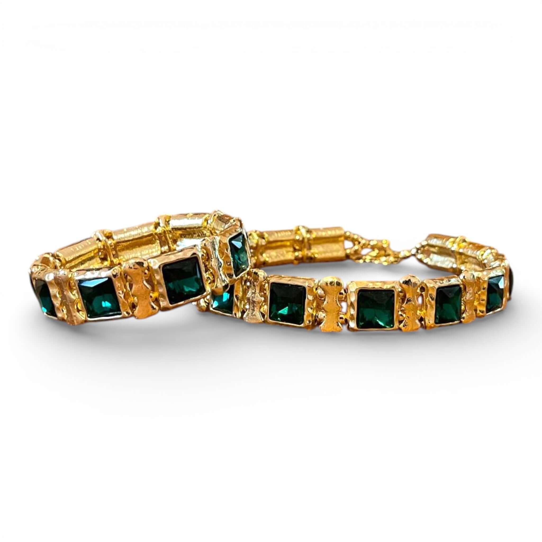 Emerald Green Square Crystal Choker & Stretch Bracelet Set | 18k Gold Plated Statement Jewelry