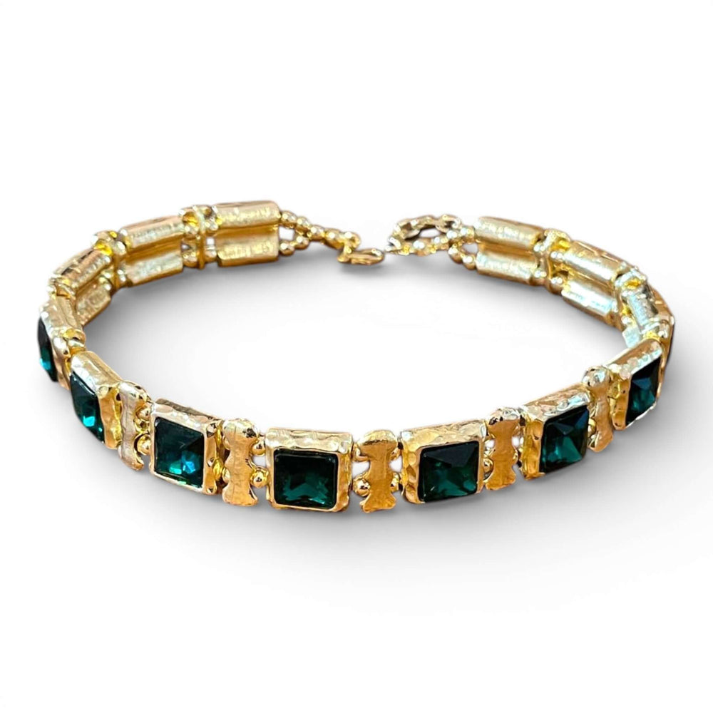 Emerald Green Square Crystal Choker & Stretch Bracelet Set | 18k Gold Plated Statement Jewelry