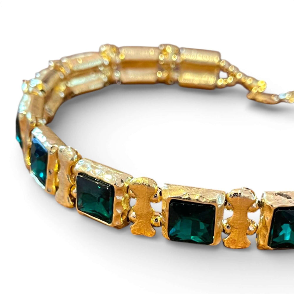 Emerald Green Square Crystal Choker & Stretch Bracelet Set | 18k Gold Plated Statement Jewelry