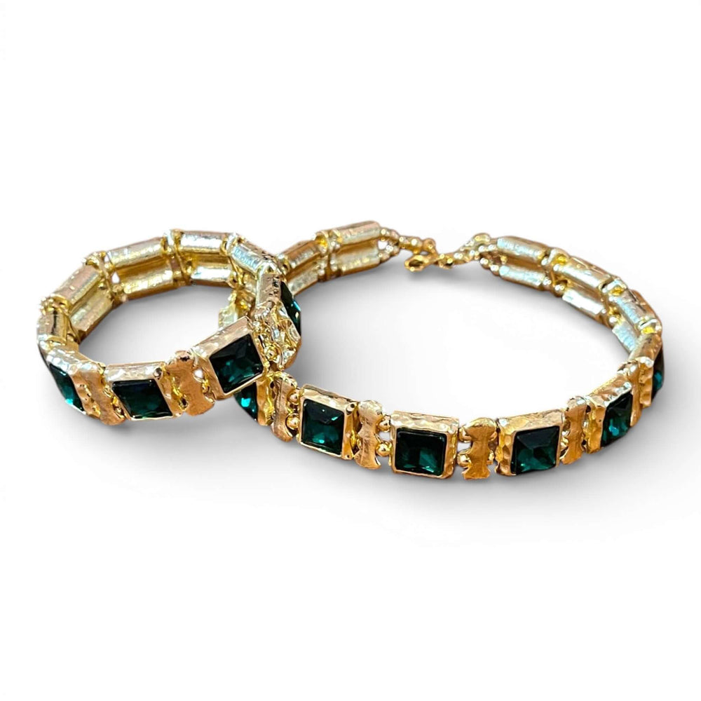 Emerald Green Square Crystal Choker & Stretch Bracelet Set | 18k Gold Plated Statement Jewelry