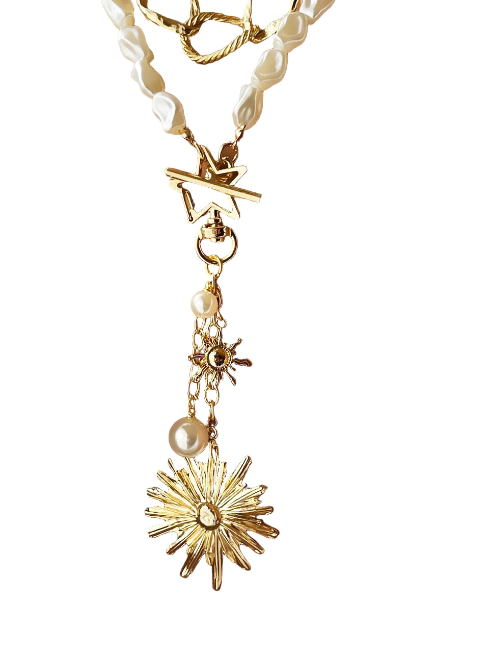 Handmade Gold Plated Long Pearl Necklace, Baroque Pearl Pendant Necklace with Star and Leaf Charms, Handmade In Turkey - Glam Duchess