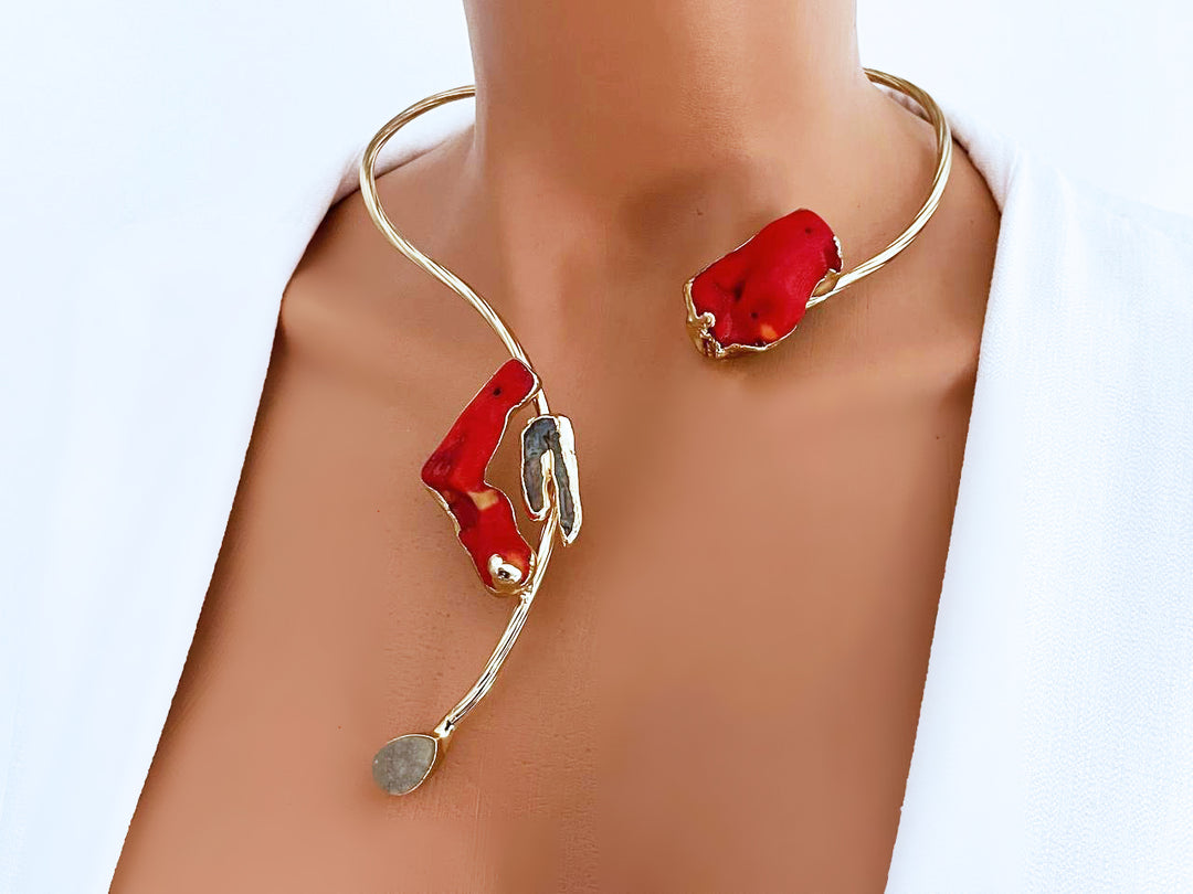 Artisan Gold Plated Red Coral Statement Choker Necklace - Unique Open Collar Design
