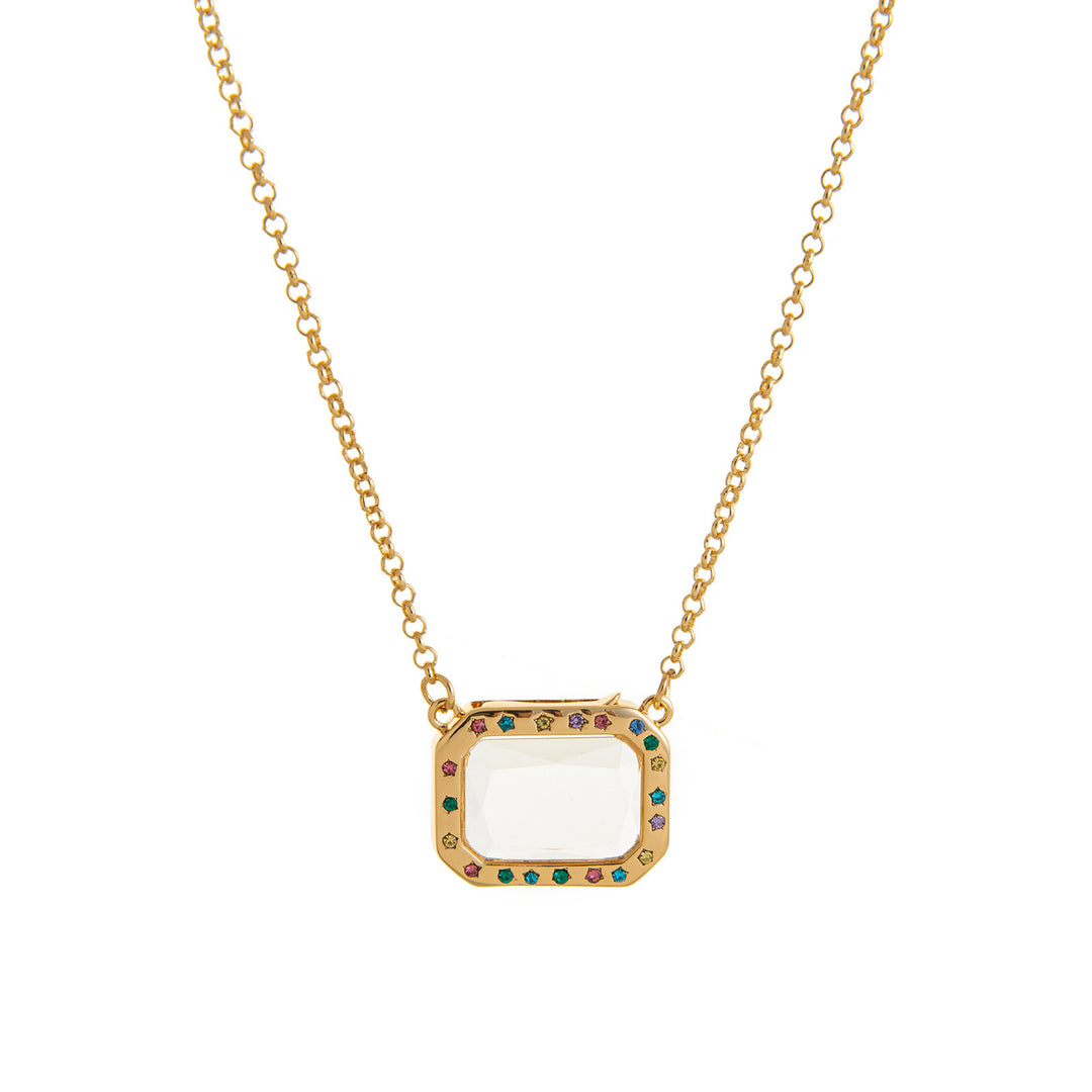 Rectangular glass locket necklace with multicolor accents