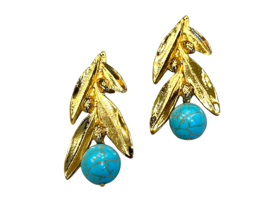 18K Gold Plated Olive Leaf Earrings - Turquoise Boho Dangle Jewelry, Handmade In Turkey - Glam Duchess