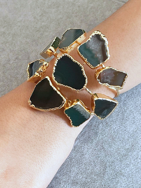 Handmade Gold Plated Cuff Bracelet and Ring Set with Green Natural Agate Stones, Adjustable Statement Bracelet, Special Occasion Jewelry, Handmade In Turkey - Glam Duchess