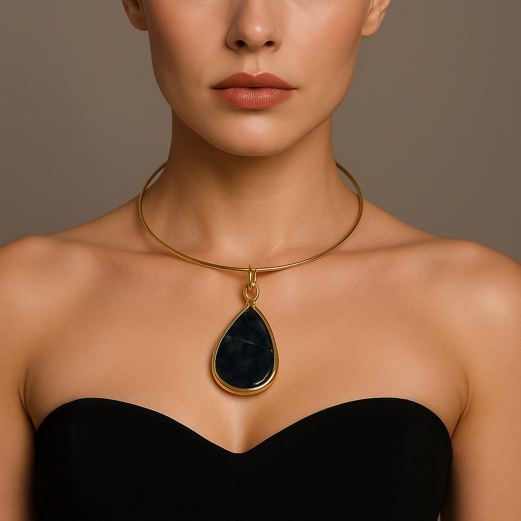 Luxurious Gold Plated Choker Necklace with Teardrop Gemstone Pendant