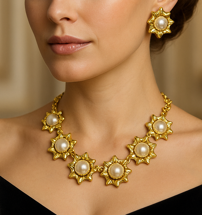 Elegant Gold and Pearl Statement Necklace and Earrings Jewelry Set - Glam Duchess