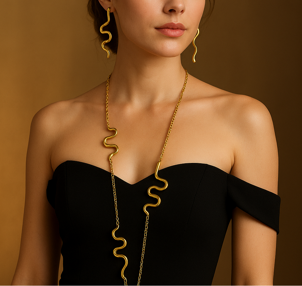 18K Gold plated Snake Necklace Earrings Jewelry Set - Glam Duchess