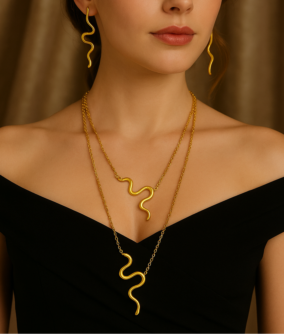 18K Gold plated Snake Necklace Earrings Jewelry Set - Glam Duchess