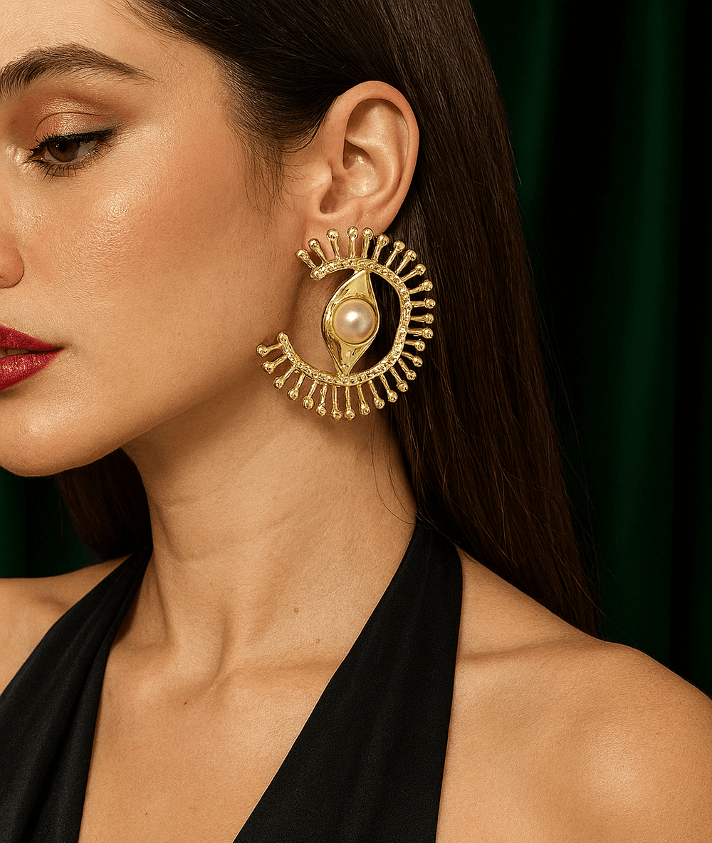 18K Gold Statement Earrings – Handmade Eye-Shaped Pearl Center Studs, 6cm - Aramele