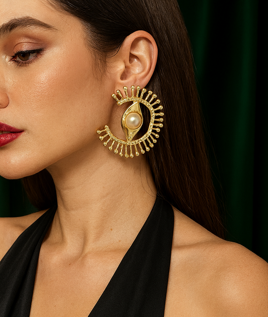 18K Gold Statement Earrings – Handmade Eye-Shaped Pearl Center Studs, 6cm