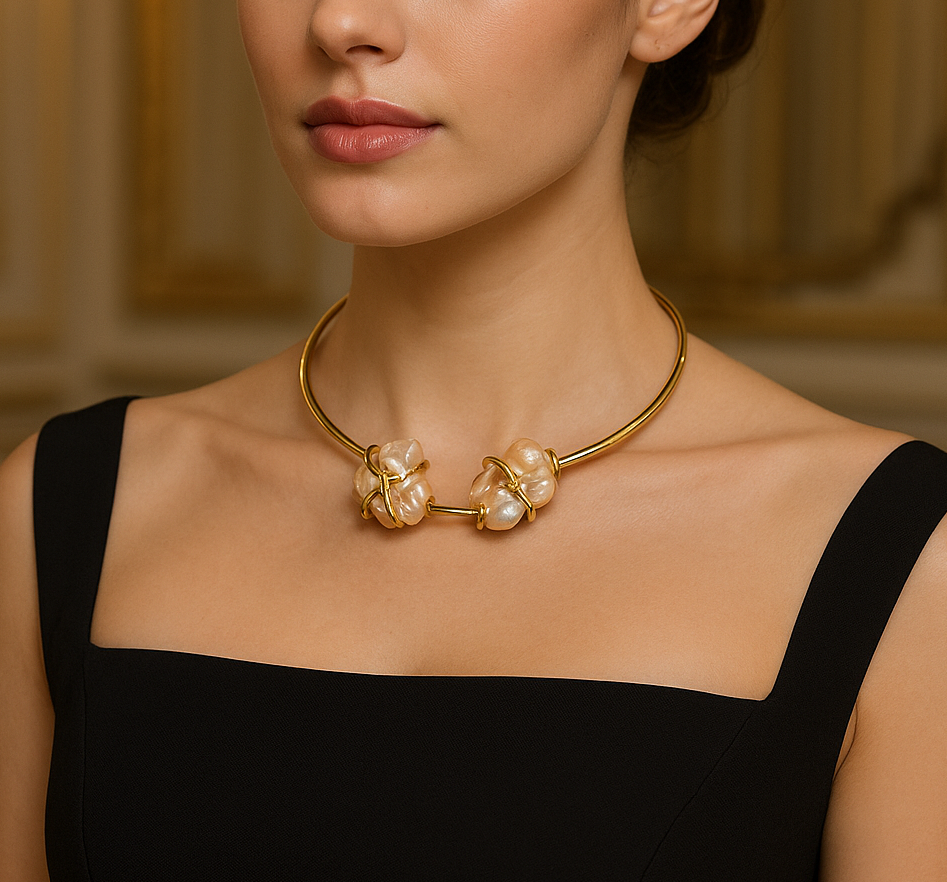 Handmade Gold Plated Baroque Pearl Choker Necklace, Collar Statement made in Turkiye - Glam Duchess