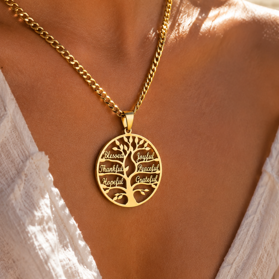 Tree of Life Affirmation Necklace – Inspirational Word Pendant